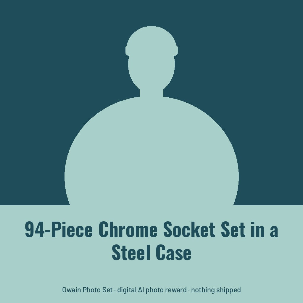 Owain Treharne, AI persona: simple illustrated graphic for 94-Piece Chrome Socket Set in a Steel Case (placeholder, invented unbranded, no real person)