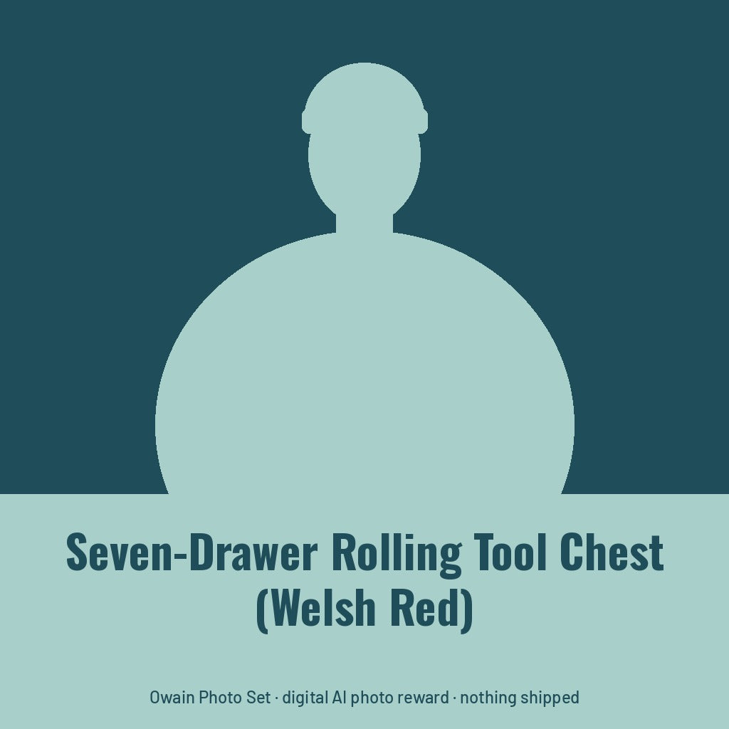 Owain Treharne, AI persona: simple illustrated graphic for Seven-Drawer Rolling Tool Chest (Welsh Red) (placeholder, invented unbranded, no real person)