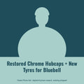 Owain Treharne, AI persona: simple illustrated graphic for Restored Chrome Hubcaps + New Tyres for Bluebell (placeholder, invented unbranded, no real person)