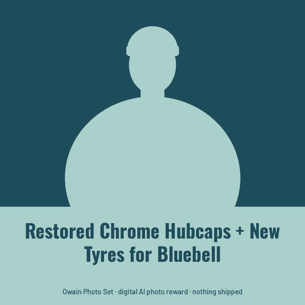 Owain Treharne, AI persona: simple illustrated graphic for Restored Chrome Hubcaps + New Tyres for Bluebell (placeholder, invented unbranded, no real person)
