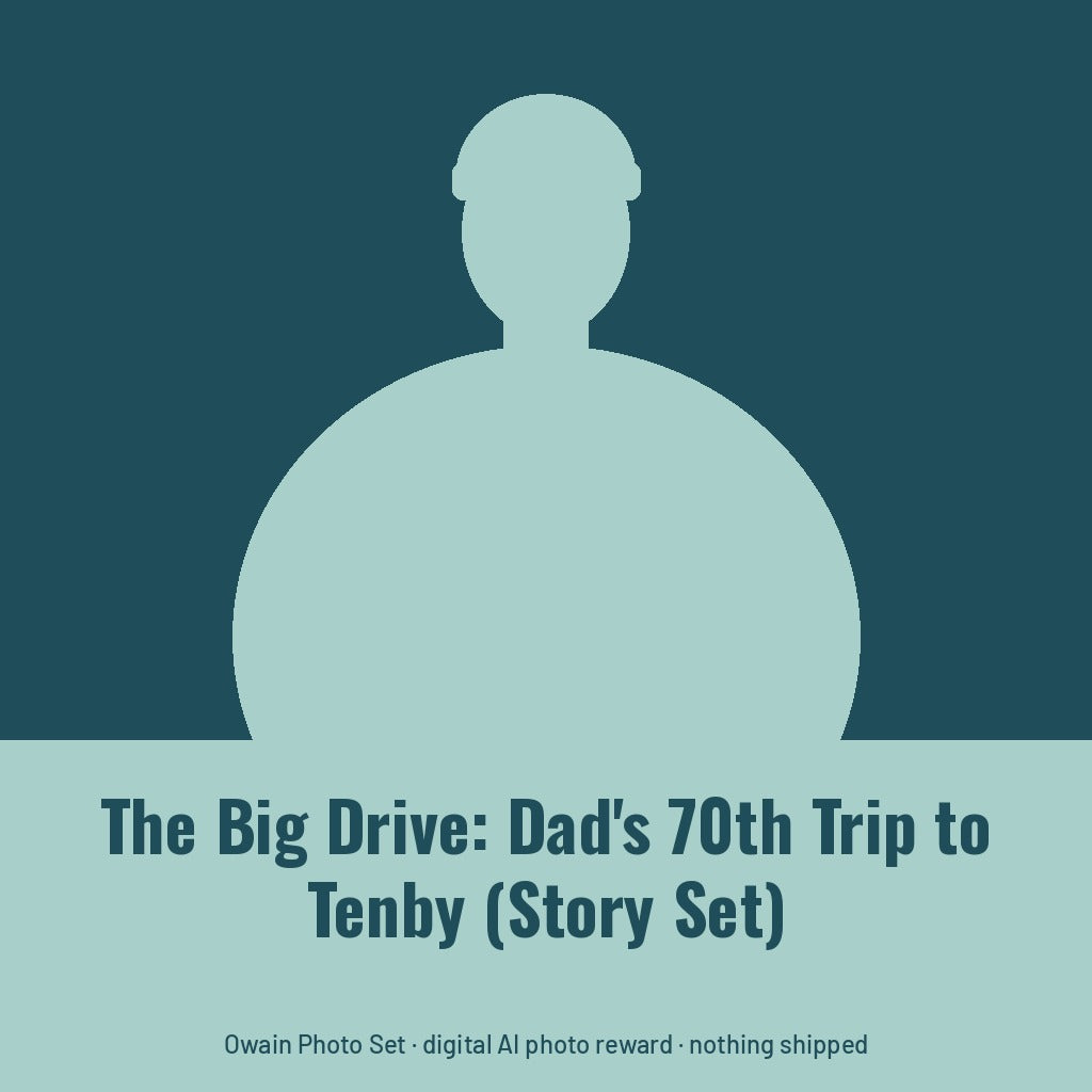 Owain Treharne, AI persona: simple illustrated graphic for "The Big Drive": Dad's 70th Trip to Tenby (Story Set) (placeholder, invented unbranded, no real person)