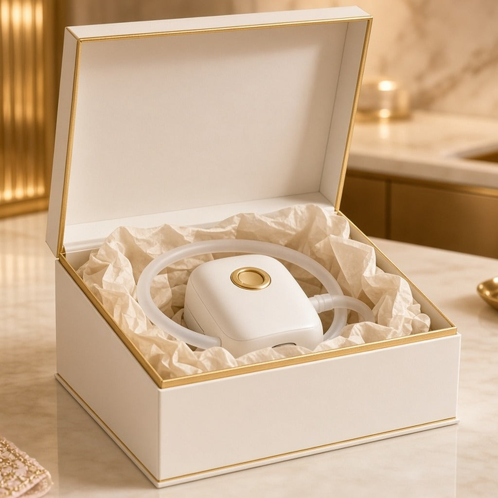 Pearl Whisper Feeding Pump – boxed white-and-gold feeding pump in gift box