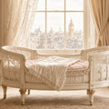 Pearl White Curved Heirloom Crib – white lace oval curved crib by sash window with Big Ben view