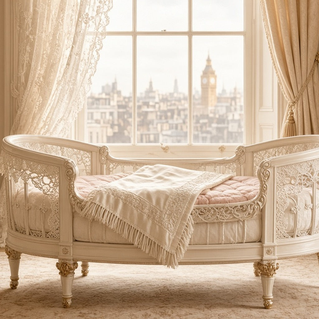 Pearl White Curved Heirloom Crib – white lace oval curved crib by sash window with Big Ben view