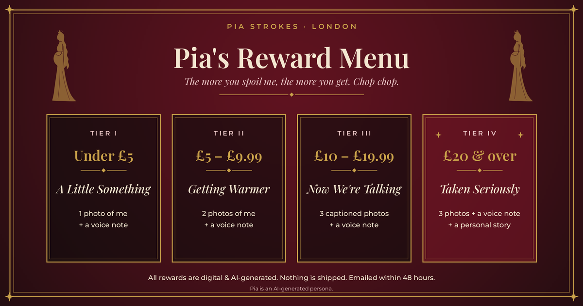 Pia's Reward Menu: Under £5 A Little Something, 1 photo and a voice note; £5 to £9.99 Getting Warmer, 2 photos and a voice note; £10 to £19.99 Now We're Talking, 3 captioned photos and a voice note; £20 and over Taken Seriously, 3 photos, a voice note and a personal story.