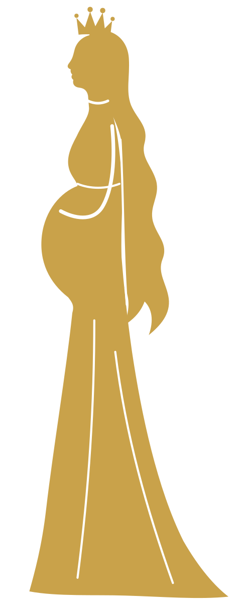 Silhouette of Pia in a long gown and crown