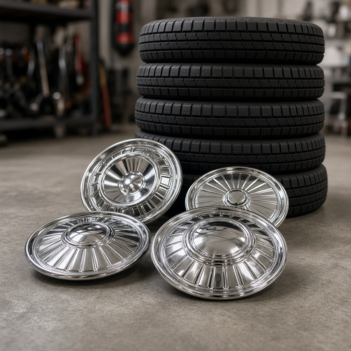 Restored Chrome Hubcaps + New Tyres for Bluebell – Owain Treharne's wishlist (AI persona gift shop)