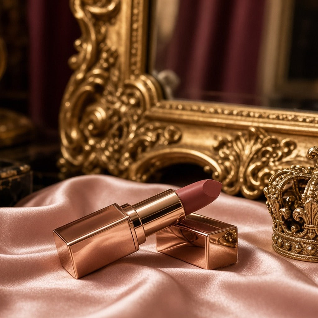 Rose-Gold Nude Satin Lipstick – rose-gold nude lipstick on blush satin with gilt mirror and crown