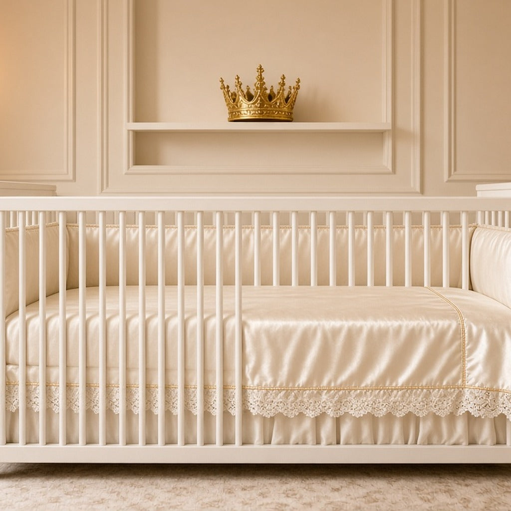 Royal Gold Satin & Lace Cot Bed Set – white cot bed with cream satin and lace bedding, gold crown on shelf above