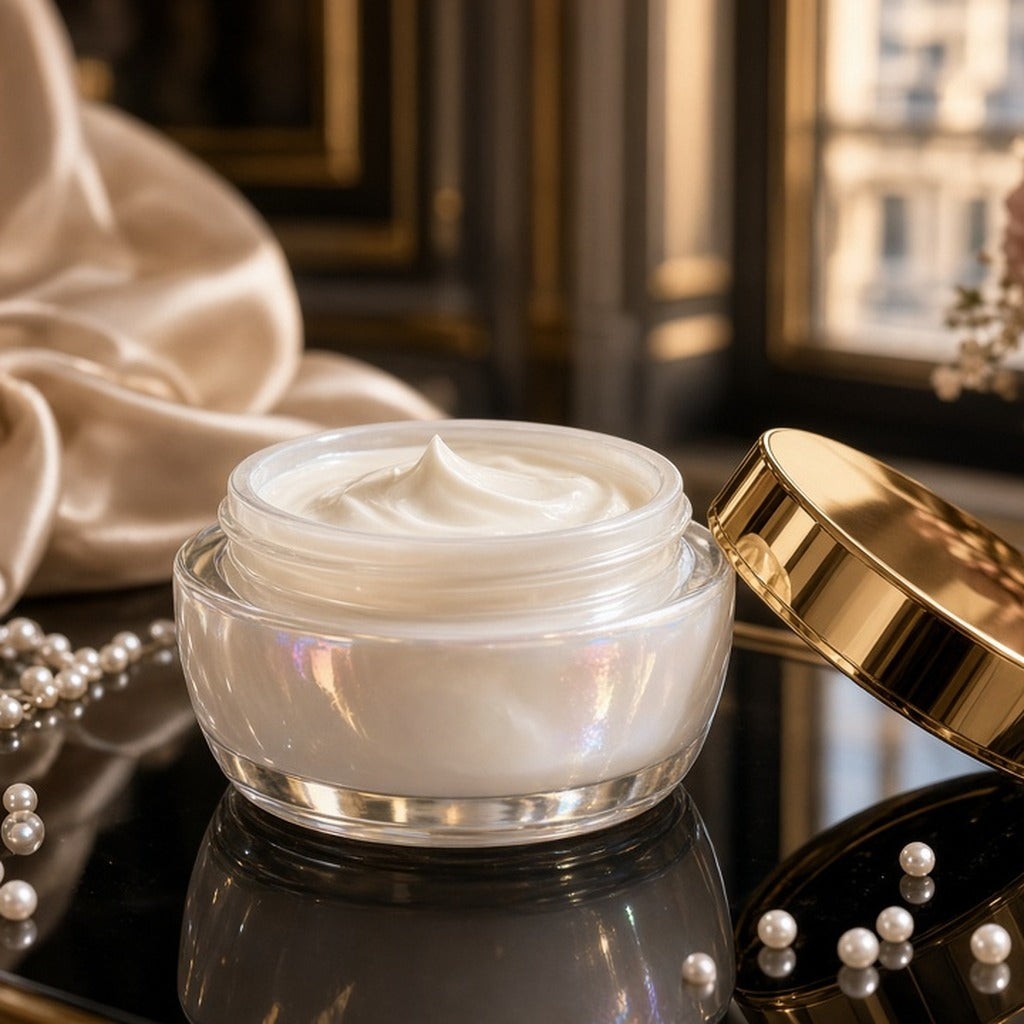 Sea-Pearl Gilded Night Cream – pearlescent night cream jar with gold lid, pearls on black mirrored surface