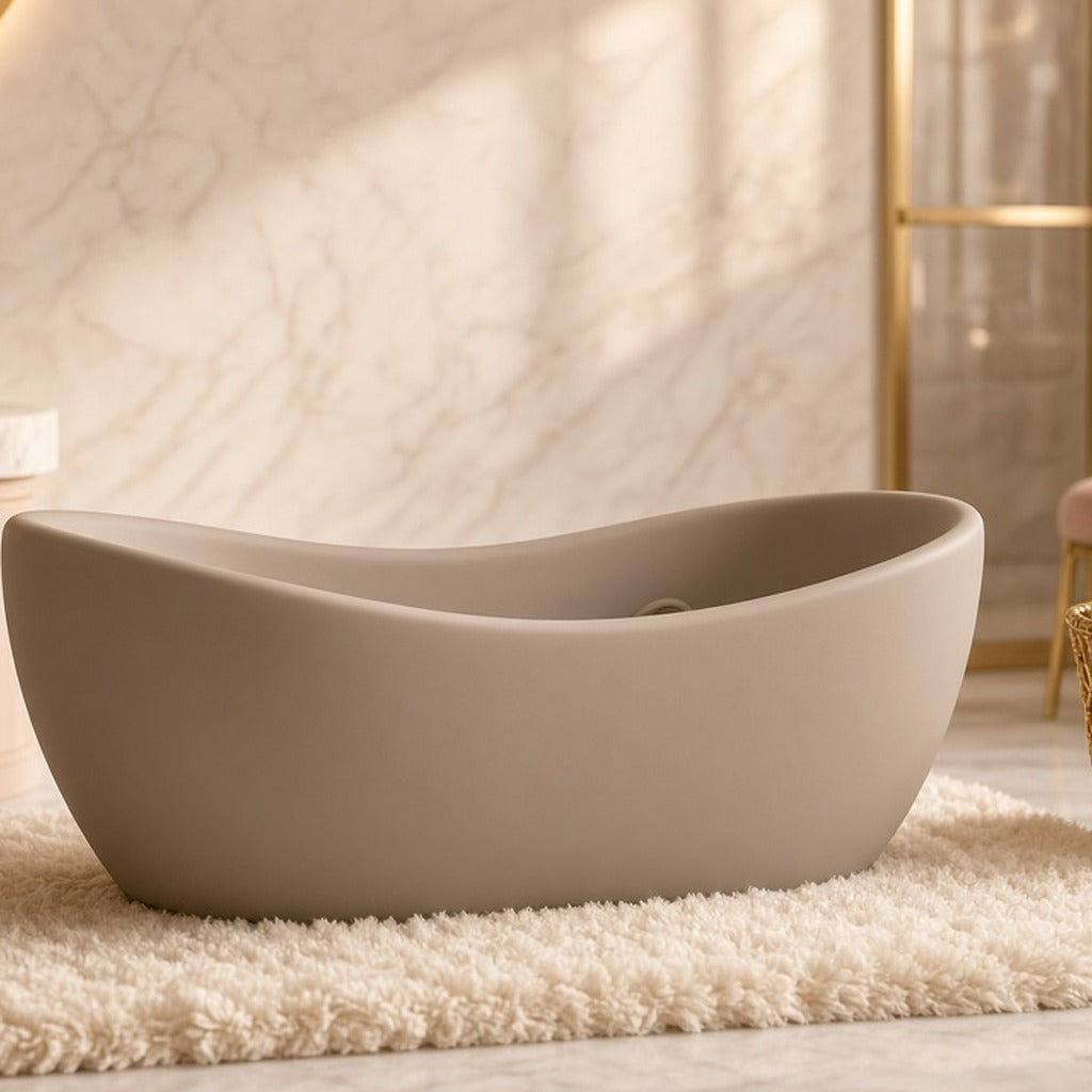 Soft Taupe Cocoon Bath Tub – taupe freestanding cocoon baby bath on cream rug