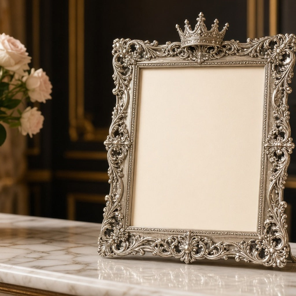 Sterling Crown Birth Record Frame – ornate silver crown-topped photo frame on marble mantel