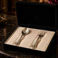 Sterling Silver Heirloom Spoon & Fork Set – silver baby spoon and fork in black velvet presentation box