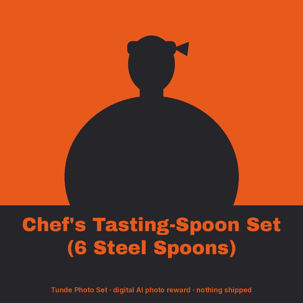 Tunde Ashby, AI persona: simple illustrated graphic for Chef's Tasting-Spoon Set (6 Steel Spoons) (placeholder, invented unbranded, no real person)