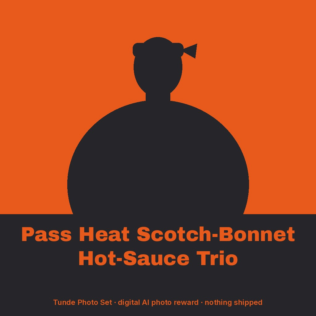 Tunde Ashby, AI persona: simple illustrated graphic for "Pass Heat" Scotch-Bonnet Hot-Sauce Trio (placeholder, invented unbranded, no real person)