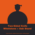 Tunde Ashby, AI persona: simple illustrated graphic for Two-Sided Knife Whetstone + Oak Stand (placeholder, invented unbranded, no real person)