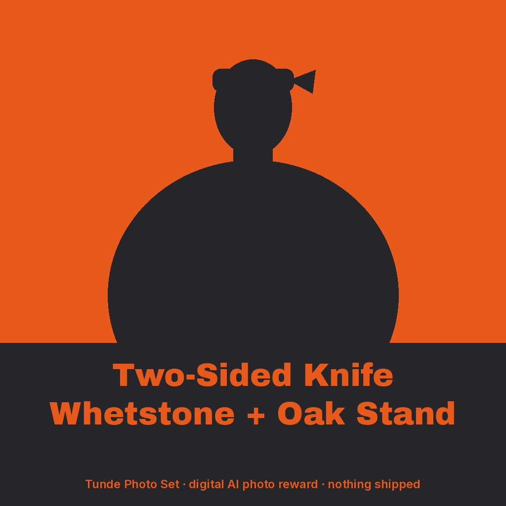 Tunde Ashby, AI persona: simple illustrated graphic for Two-Sided Knife Whetstone + Oak Stand (placeholder, invented unbranded, no real person)