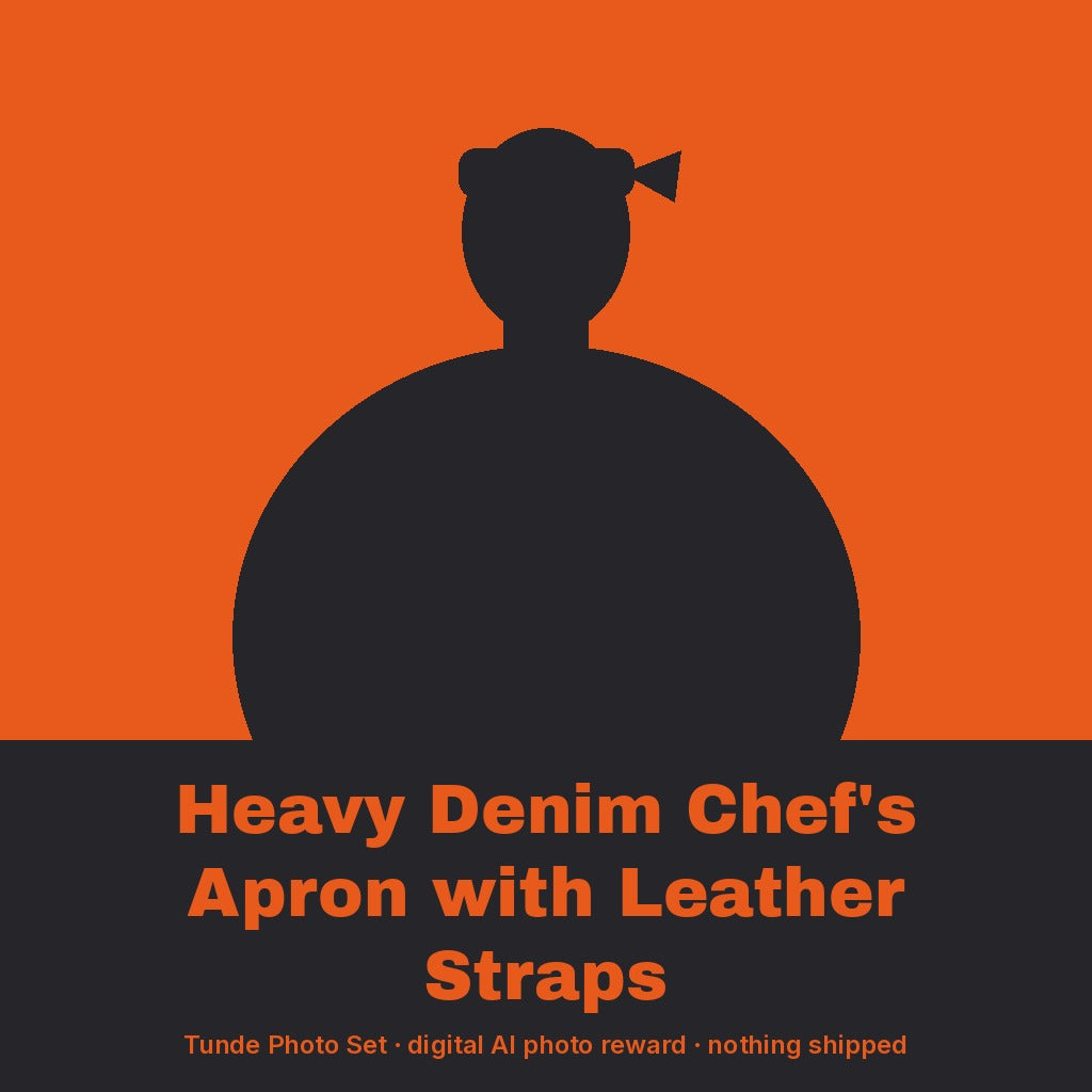 Tunde Ashby, AI persona: simple illustrated graphic for Heavy Denim Chef's Apron with Leather Straps (placeholder, invented unbranded, no real person)