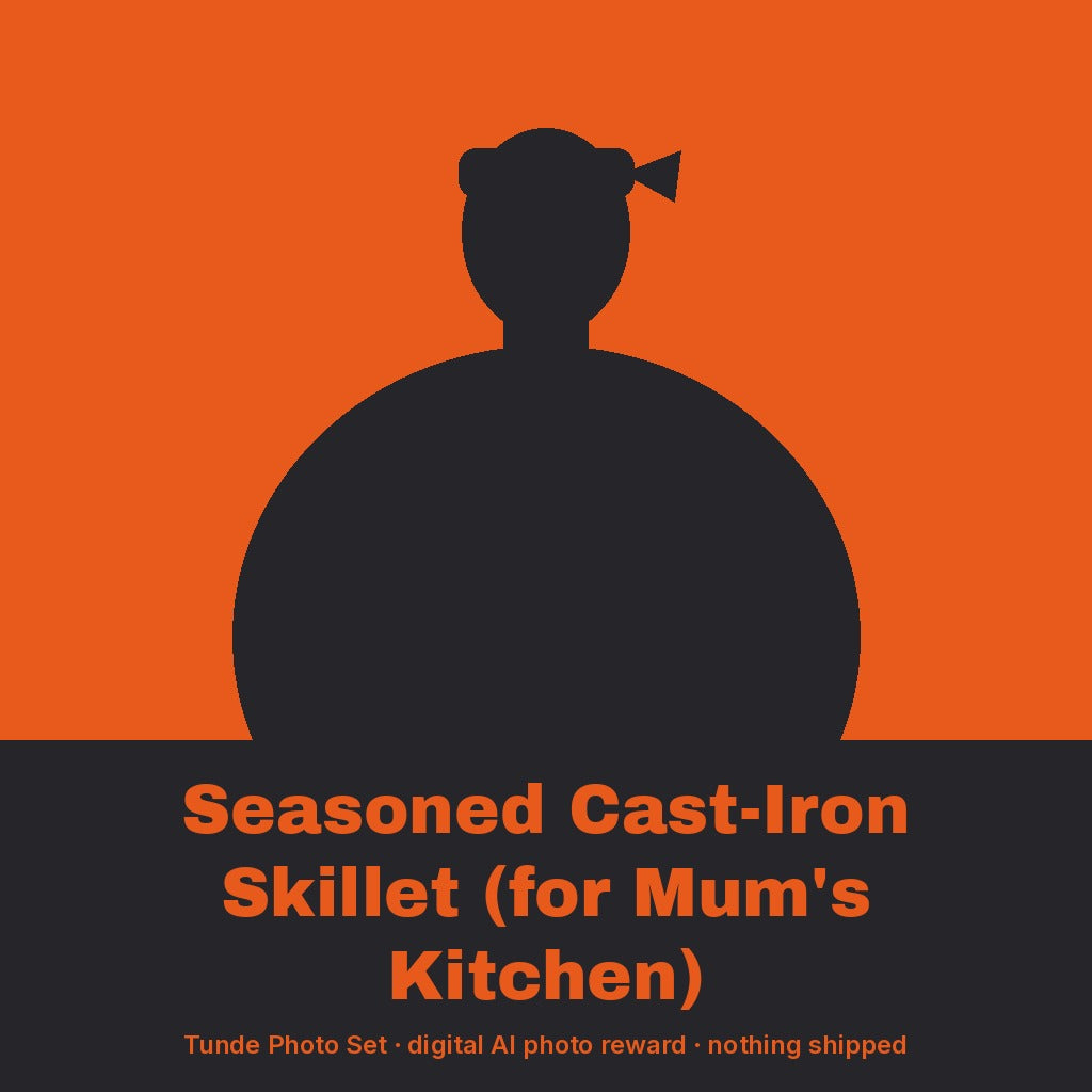 Tunde Ashby, AI persona: simple illustrated graphic for Seasoned Cast-Iron Skillet (for Mum's Kitchen) (placeholder, invented unbranded, no real person)