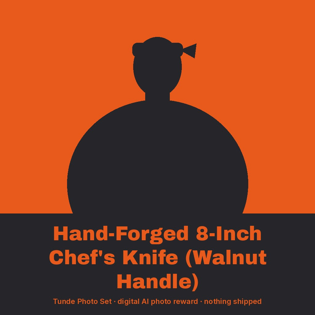 Tunde Ashby, AI persona: simple illustrated graphic for Hand-Forged 8-Inch Chef's Knife (Walnut Handle) (placeholder, invented unbranded, no real person)