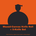 Tunde Ashby, AI persona: simple illustrated graphic for Waxed-Canvas Knife Roll + 5-Knife Set (placeholder, invented unbranded, no real person)