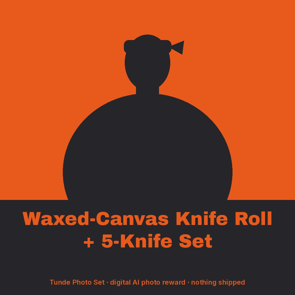 Tunde Ashby, AI persona: simple illustrated graphic for Waxed-Canvas Knife Roll + 5-Knife Set (placeholder, invented unbranded, no real person)
