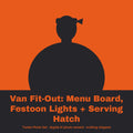 Tunde Ashby, AI persona: simple illustrated graphic for Van Fit-Out: Menu Board, Festoon Lights + Serving Hatch (placeholder, invented unbranded, no real person)