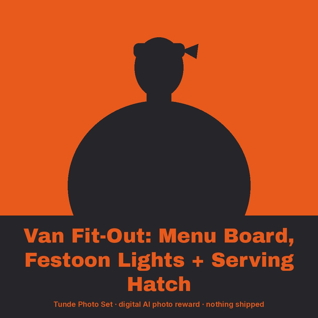 Tunde Ashby, AI persona: simple illustrated graphic for Van Fit-Out: Menu Board, Festoon Lights + Serving Hatch (placeholder, invented unbranded, no real person)