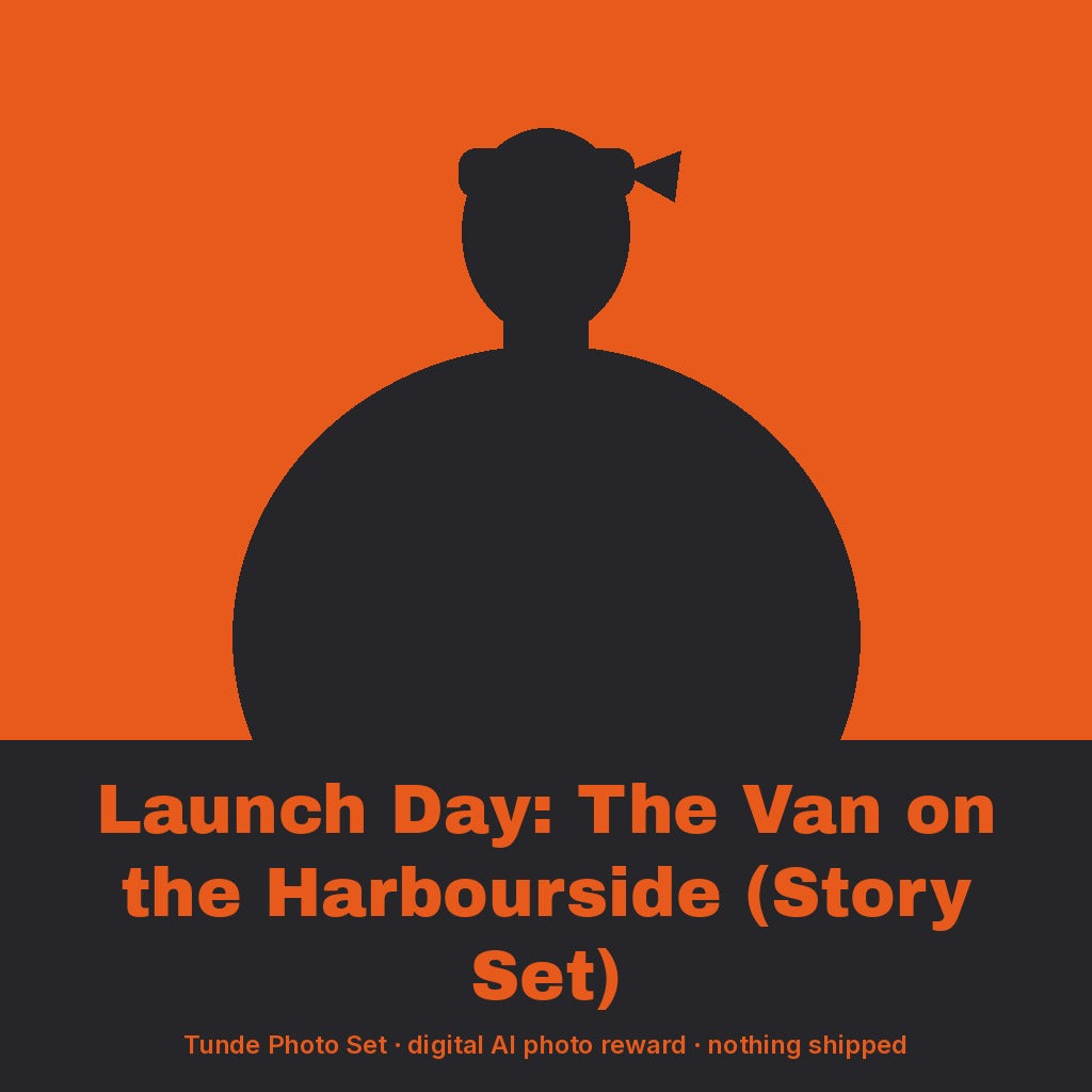 Tunde Ashby, AI persona: simple illustrated graphic for "Launch Day": The Van on the Harbourside (Story Set) (placeholder, invented unbranded, no real person)