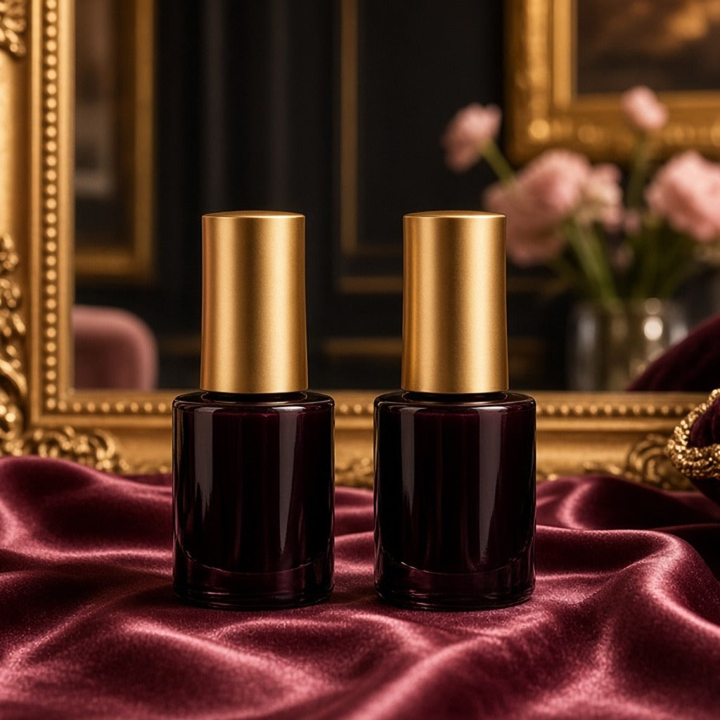 Velvet Bordeaux Gel Duo – two dark bordeaux lacquer bottles with gold caps on burgundy velvet before gilt mirror