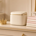 Warm Whisper Wipes Warmer – cream wipes warmer with gold trim, crown and folded muslins