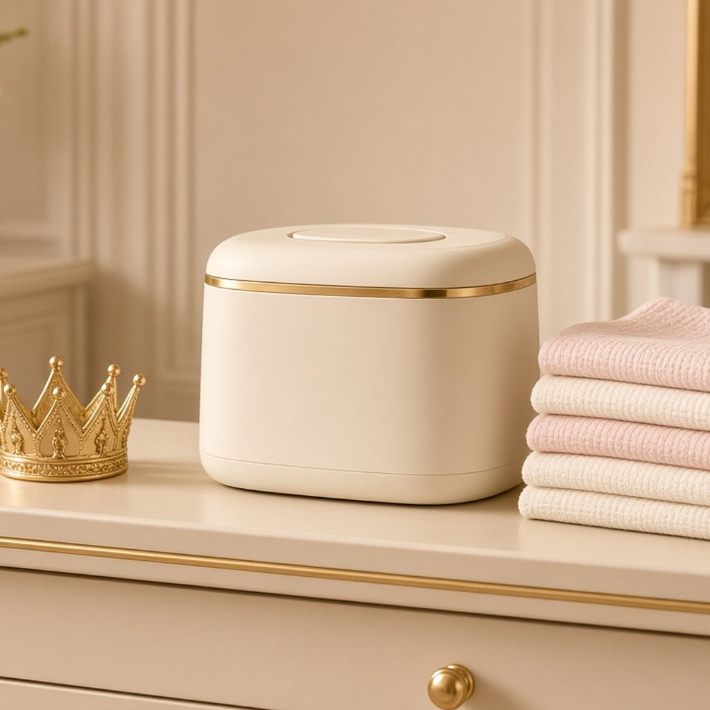 Warm Whisper Wipes Warmer – cream wipes warmer with gold trim, crown and folded muslins